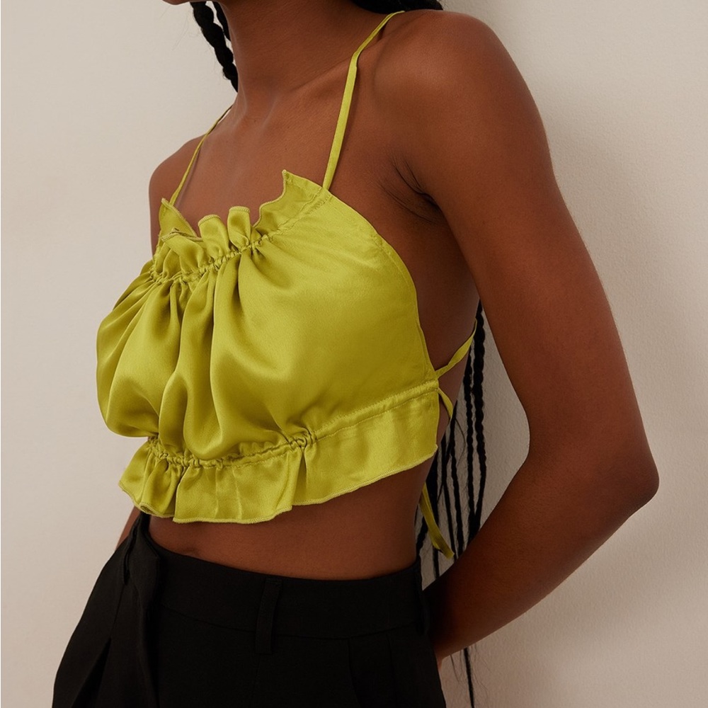 bright green / chartreuse gathered satin tube top with tie back